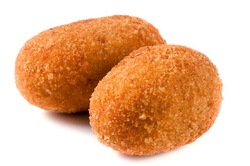 two fried breaded cutlet isolated on white background
