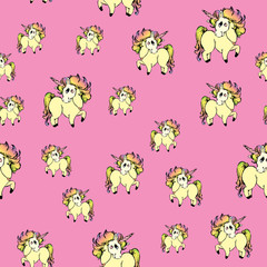 Seamless pattern with unicorns,cute horses on pink background