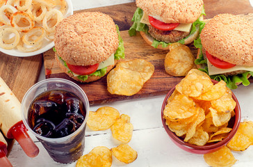 Multiple type of Fast food.  Unhealthy eating concept.