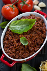 Close-up of an oval dish with bolognese sauce, selective focus, studio shot