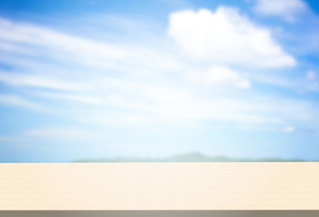 Polished birch table top on sky landscape background can put or montage your products