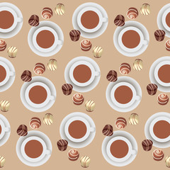 Chocolate candies and hot chocolate.Pattern. Design for candy boxes, textiles, napkins, wrapping paper, hot chocolate. Seamless pattern