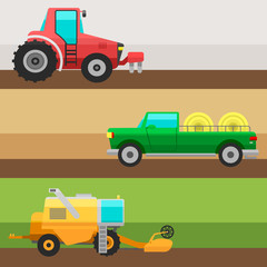 Agricultural vehicles cards harvester machine combines and excavators icon set with accessories for plowing mowing, planting and harvesting vector illustration.