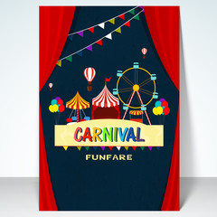 Carnival background with ferris wheel, circus tent, and marquee lights.