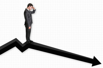 Businessman standing on a graph and looking down on the results