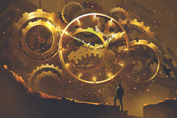 man standing in front of the big golden clockwork,illustration painting - obrazy, fototapety, plakaty