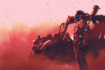 red astronaut standing near futuristic vehicle on Mars planet,illustration painting © grandfailure
