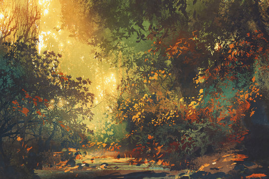 Fototapeta piękna sceneria kolorowego lasu z drzewami i kwiatami na wiosnę o zachodzie słońca, malarstwo ilustracyjne
