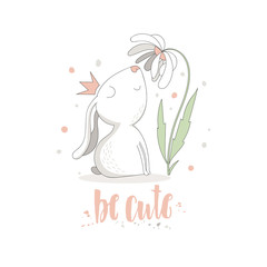 Fototapeta premium Cute rabbit with flower and inscription