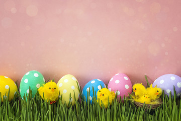 Easter eggs with decorative chicken in fresh green grass on pink background.