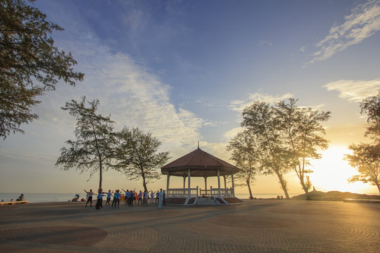 View of the park which have group of people was exercise in morning : Samila beach, Songkhla, southern of Thailand
