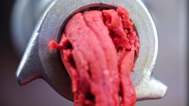 meat grinder grinds the beef, closeup