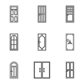 Exterior doors icons set, outline style