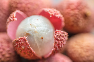 Lichee on wooden table, litchi, lychee fruit detail