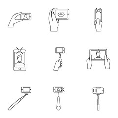 Photography on smartphone icons set, outline style