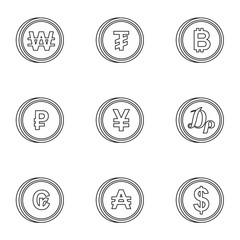 Types of money icons set, outline style