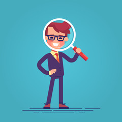 Handsome businessman in formal suit looking through a magnifying glass. Business concept for recruiting and researches. Funny cartoon character - manager with loupe. Vector flat design illustration.