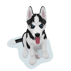 Black and white Siberian husky dog with blue eyes and sticking out tongue. Hand drawn portrait of cute husky puppy. Vector illustration