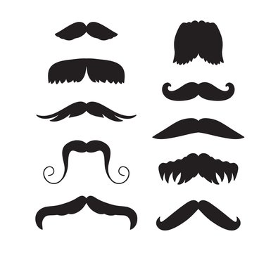 Set of hand drawn old fashion mustaches. Black contour artistic drawing. Actual hipster vector. Male barber sahop illustration
