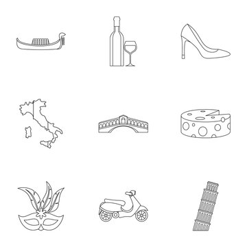 Italy icons set, outline style