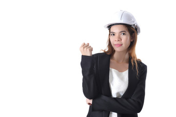 Young women engineer on a white background