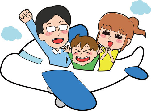 飛行機に乗る３人家族のイラスト