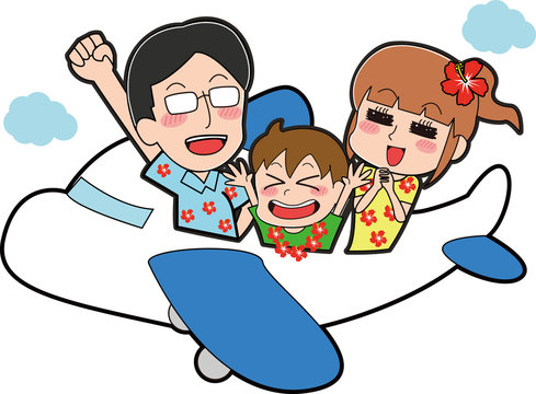 アロハシャツを着て飛行機に乗る３人家族のイラスト