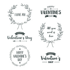 Valentine's Day set of symbols. Illustrations and typography elements with lettering design. Set of typographic Valentines label designs.