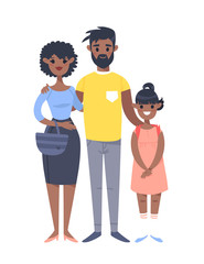 Young couple with daughter. Hand drawn black woman, man and girl. Flat style vector illustration family. Cartoon characters
