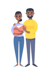 Young black couple with baby. Hand drawn woman, man and child. Flat style vector illustration family. Cartoon characters