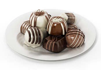 Assorted chocolates isolated on white background. 3D illustration