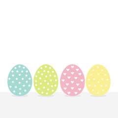 Colorful painting Easter egg set. Row of painted eggs shell. Heart, star, dot shape pattern. Light color. White background. Isolated. Flat design.