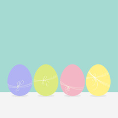 Colorful painting Easter egg set. Row of painted eggs shell with thread and bow. Light color. Blue background. Isolated. Greeting card template. Flat design.