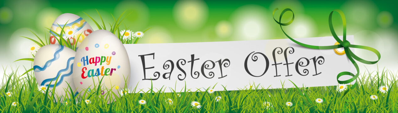 Happy Easter Offer Egg Paper Banner Green Ribbon Header