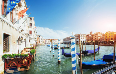 Gondolas on Grand canal in Venice, San Giorgio Maggiore church. San Marco.