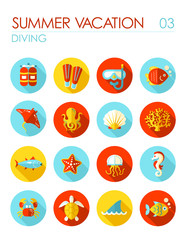 Diving flat icon set. Summer. Vacation