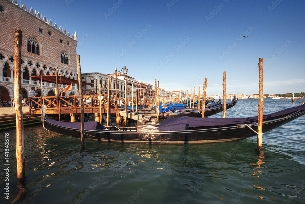 Wall mural gondolas on grand canal in venice, san giorgio maggiore church. san marco.