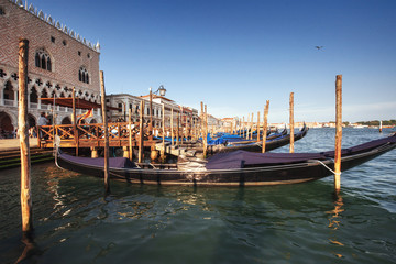 Gondolas on Grand canal in Venice, San Giorgio Maggiore church. San Marco.