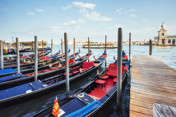 Gondolas on Grand canal in Venice, San Giorgio Maggiore church. San Marco.