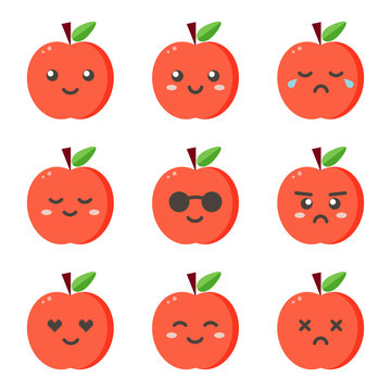 Set, collection of flat design emoji red apples isolated on white background.
