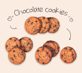 Collection of delicious chocolate cookies isolated on the beige background. Chocolate chip cookies cut out with shadow.