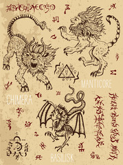 Monsters set with occult and mystic symbols. Graphic vector illustration. Engraved line art drawings