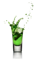 Glass of alcoholic drink with ice. Absinthe or mint liquor shot