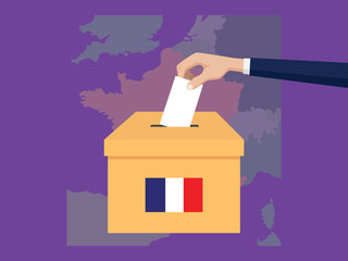 Fototapeta na wymiar france election vote concept illustration with people voter hand gives votes insert to boxes election with long shadow flat style