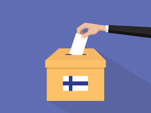 finland election vote concept illustration with people voter hand gives votes insert to boxes election with long shadow flat style