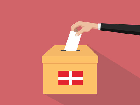 denmark vote election concept illustration with people voter hand gives votes insert to boxes election with long shadow flat style