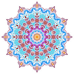 Oriental colorful round pattern with arabesques and floral elements. Traditional classic ornament