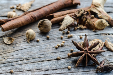 Spices on wooden background