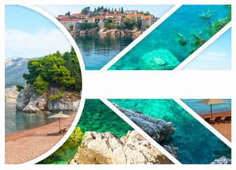 The collage of Sveti Stefan island in Montenegro