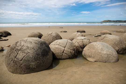 Moeraki Boulders on the Koekohe beach, Eastern coast of New Zealand
